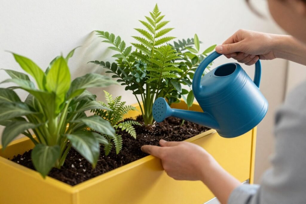 Person watering and maintaining a file cabinet planter