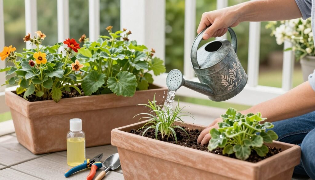 Person watering and maintaining front porch planters with gardening tools nearby