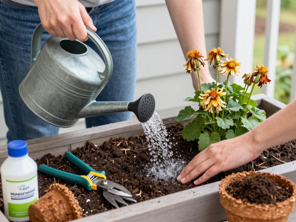 Person watering and maintaining front porch planters with proper tools and techniques