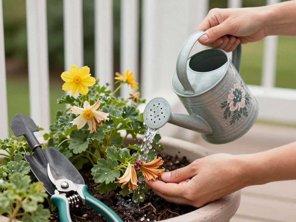 Person watering and maintaining porch planters with gardening tools nearby
