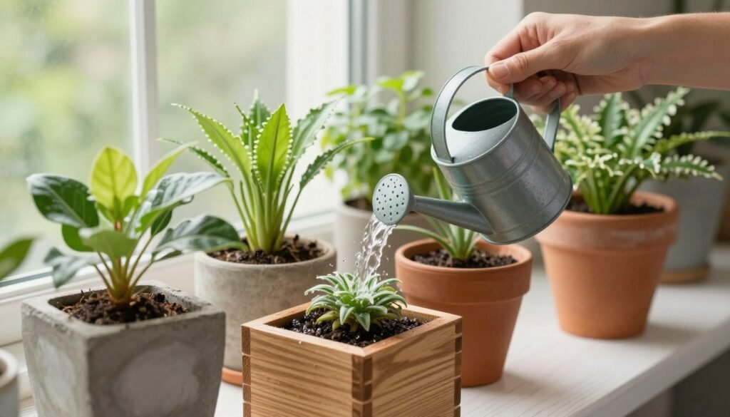 Person watering plants in various DIY planters with proper technique