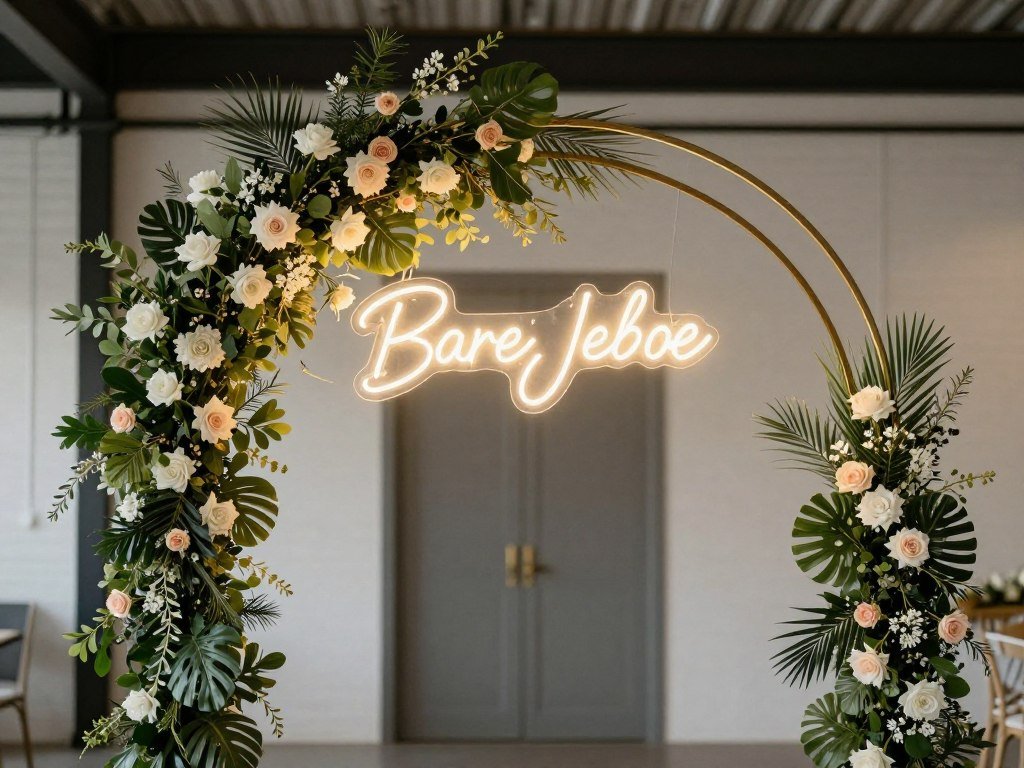 Personalized arch decoration wedding with custom neon sign and unique elements