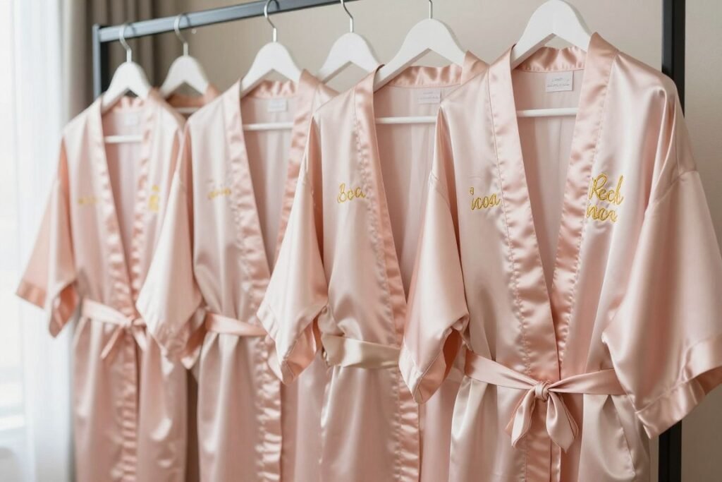 Personalized bridesmaid robes hanging together for wedding day