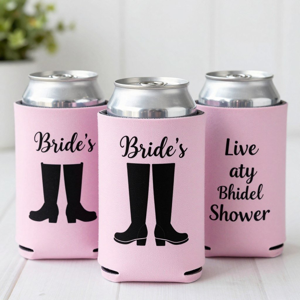 Personalized can coolers with boots and bubbly design