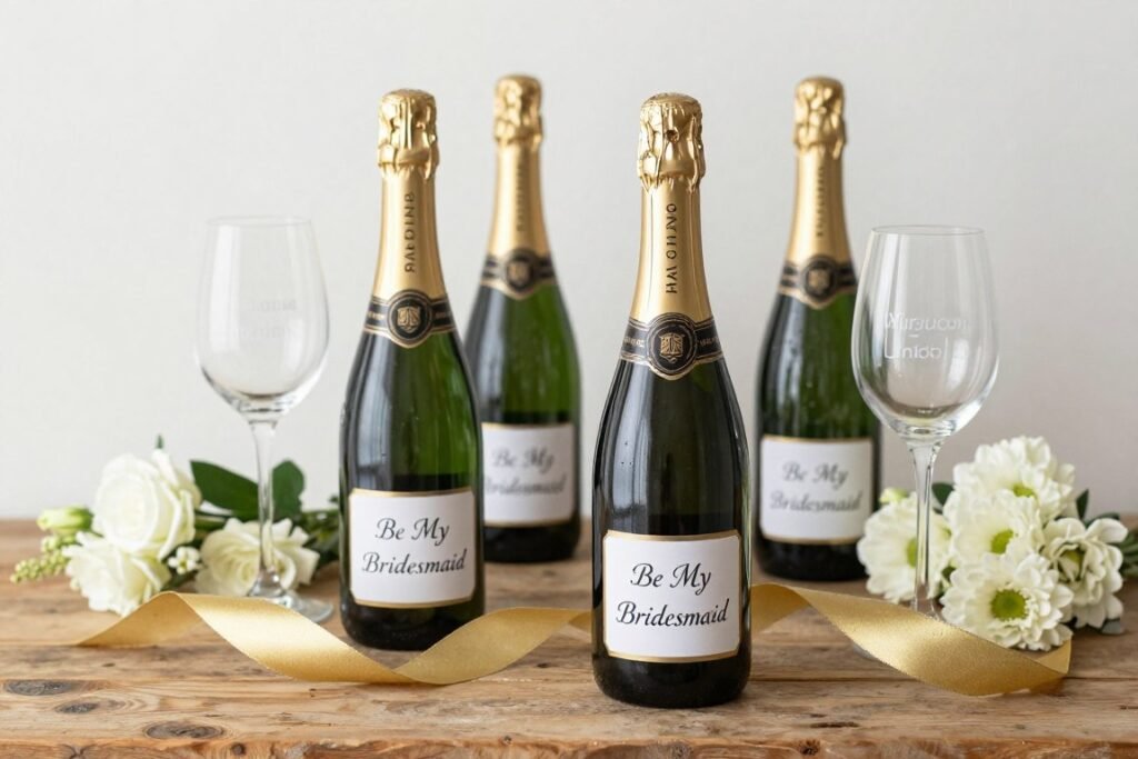 Personalized champagne bottles and etched wine glasses arranged for bridesmaid proposal celebration