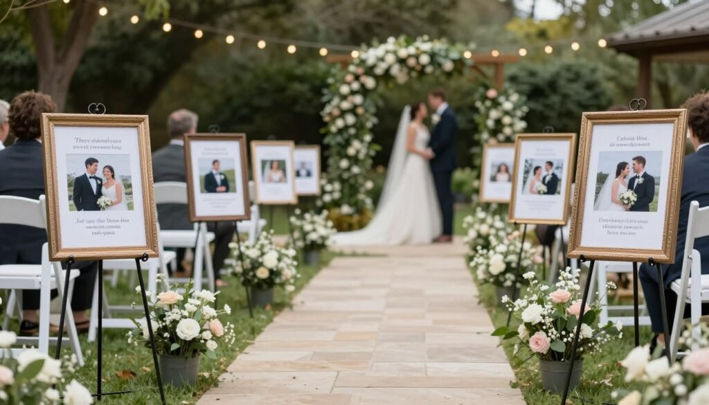 Personalized wedding aisle with framed photos and custom signage