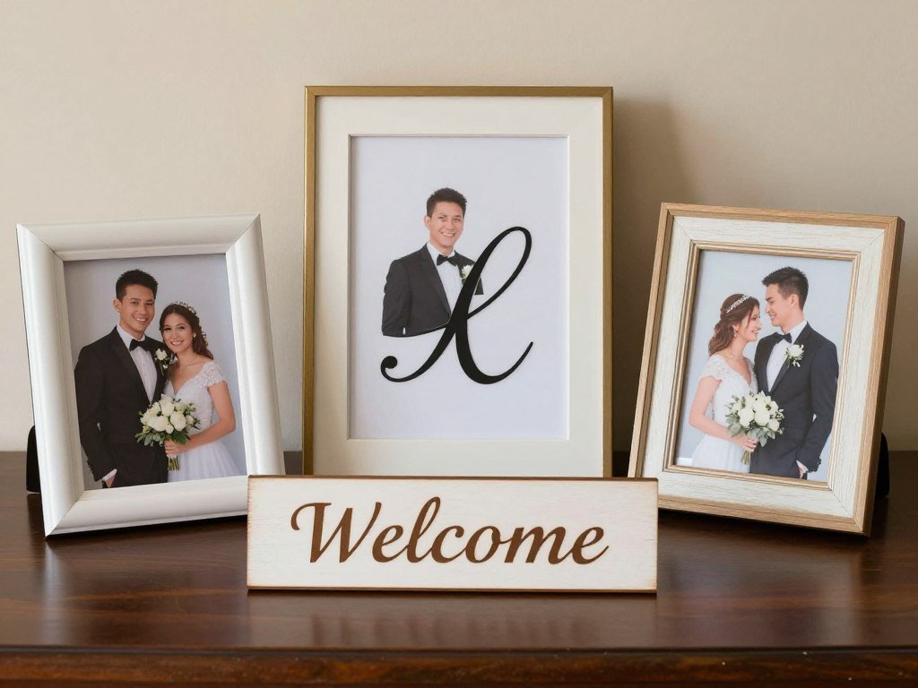 Personalized wedding decorations including monogrammed items, photo displays, and custom signage