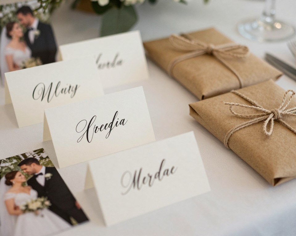 Personalized wedding head table settings with custom name cards and favors