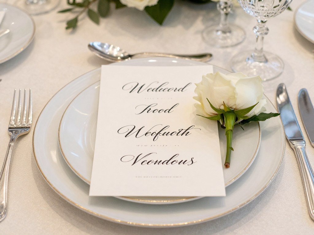 Personalized wedding place setting with calligraphy name card and small floral accent Personalized wedding place setting with calligraphy name card and small floral accent