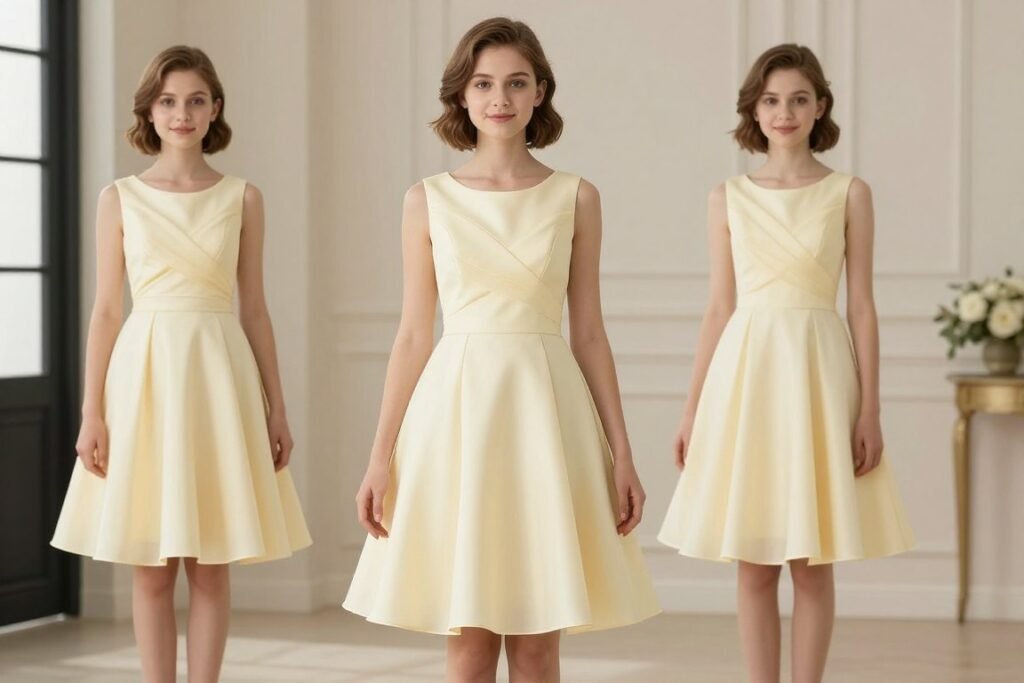 Petite bridesmaid in butter yellow empire waist dress showing proportions