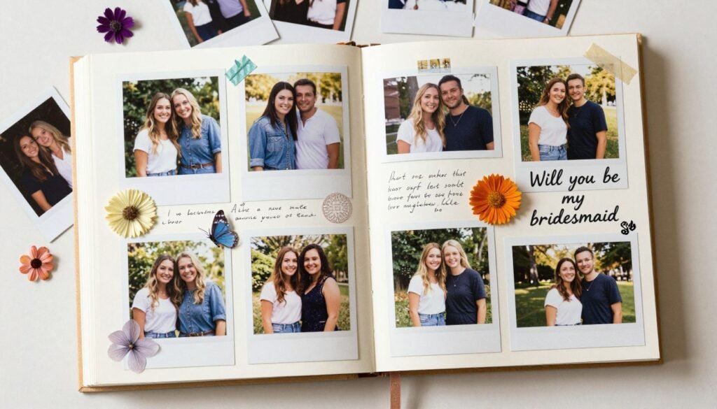 Photo album and printed pictures showing friendship memories for bridesmaid proposal scrapbook
