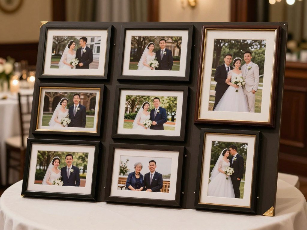 Photo display for rehearsal dinner showing couple's relationship journey and family wedding photos