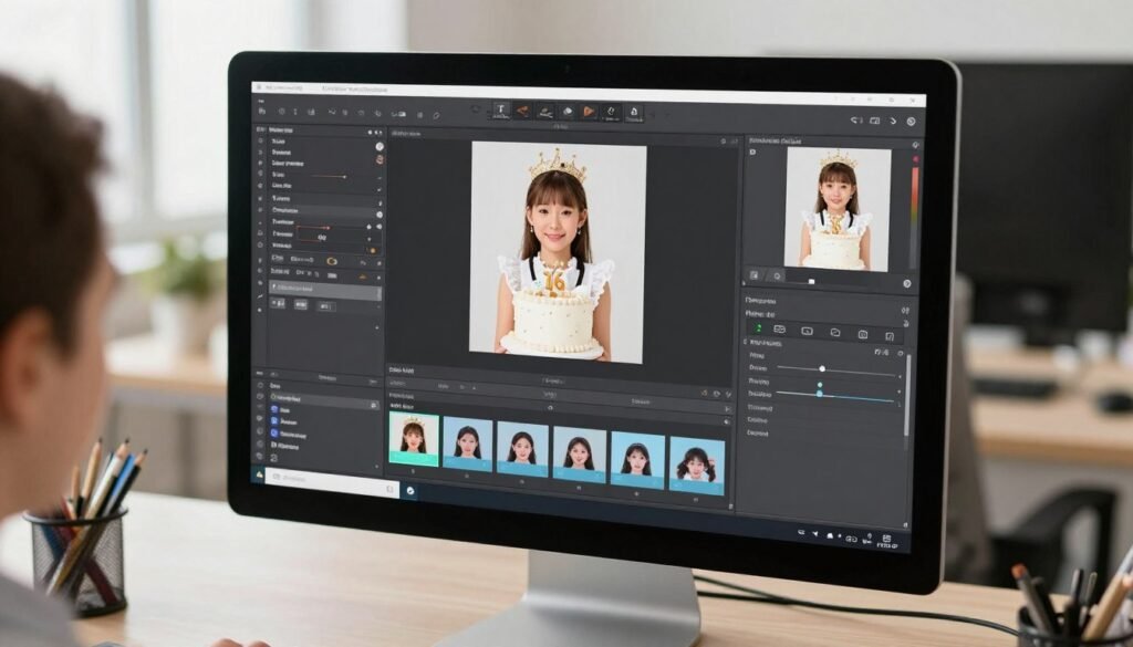 Photo editing software interface showing sweet 16 photo enhancement