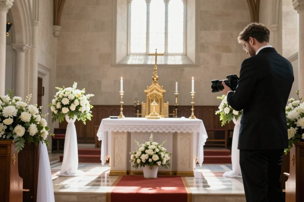 Photographer capturing church wedding decorations in beautiful light