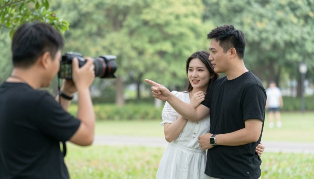 Photographer working with couple during engagement photo session