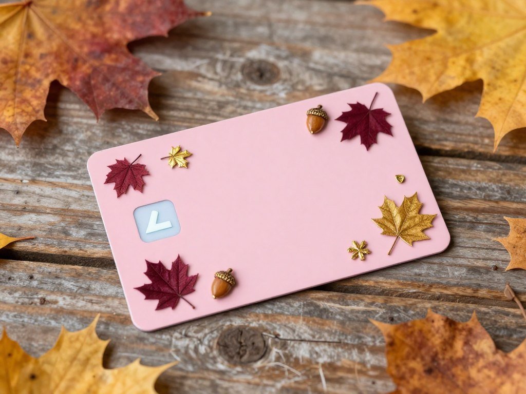 Pink cash app card with autumn leaf decorations