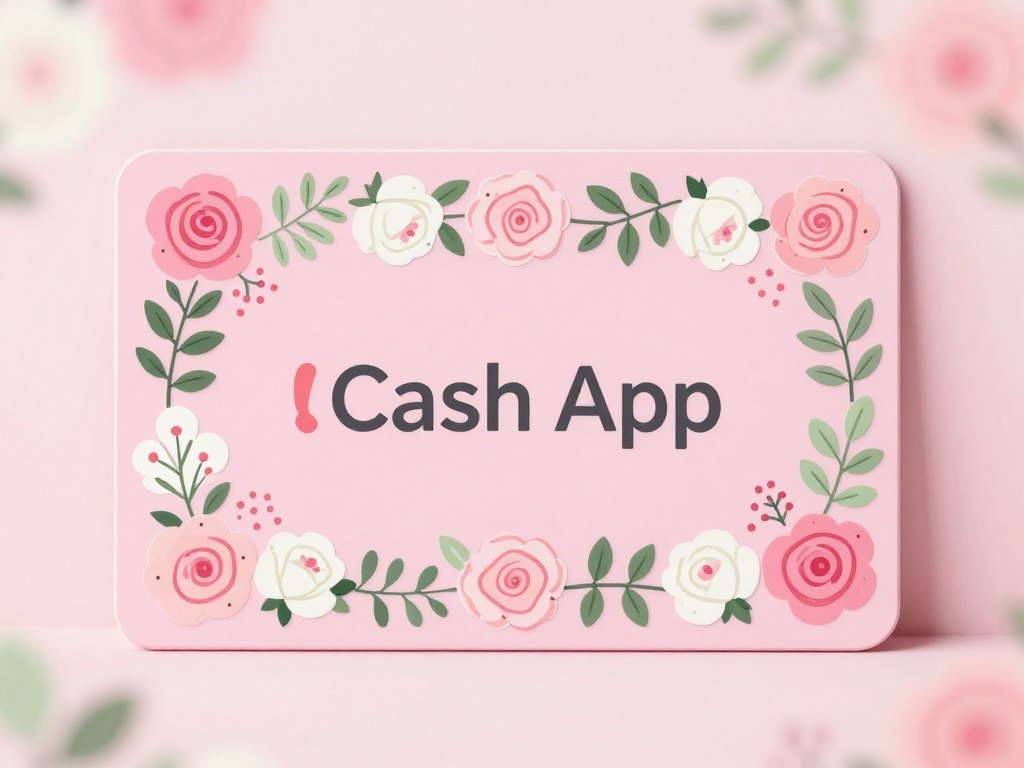 Pink cash app card with cohesive floral themed sticker arrangement