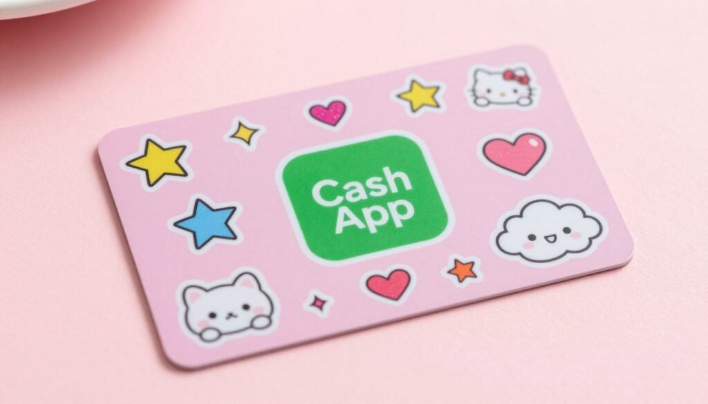 Pink cashapp card decorated with various cute aesthetic stickers