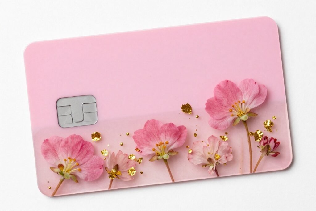Pink cashapp card with resin coating and pressed flowers