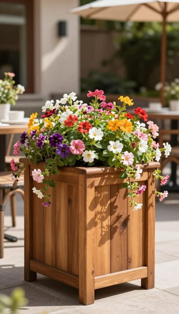 Pinterest-optimized vertical image of a beautiful wooden planter box with cascading flowers on a sunny patio Pinterest-optimized vertical image of a beautiful wooden planter box with cascading flowers on a sunny patio