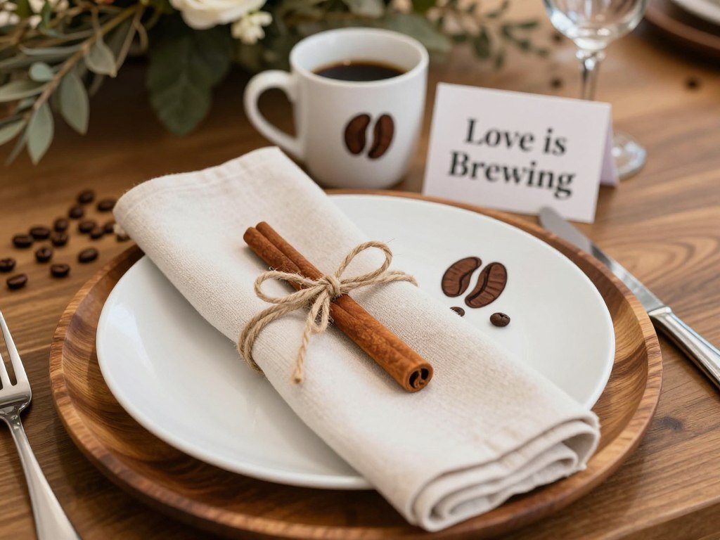 Place setting with personalized coffee mug favor and coffee bean confetti for love is brewing bridal shower decor