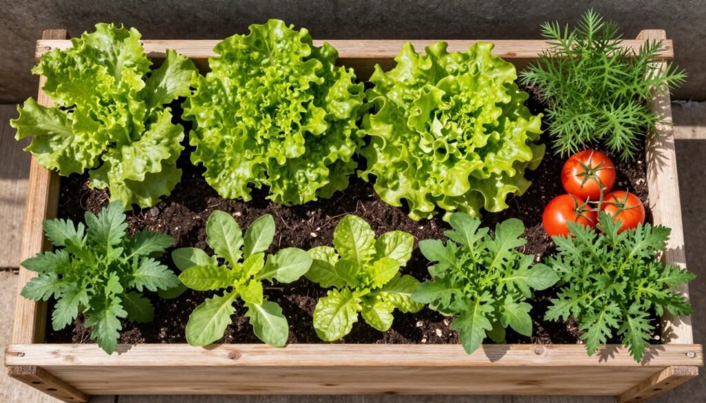 Planter box filled with a variety of vegetables and herbs