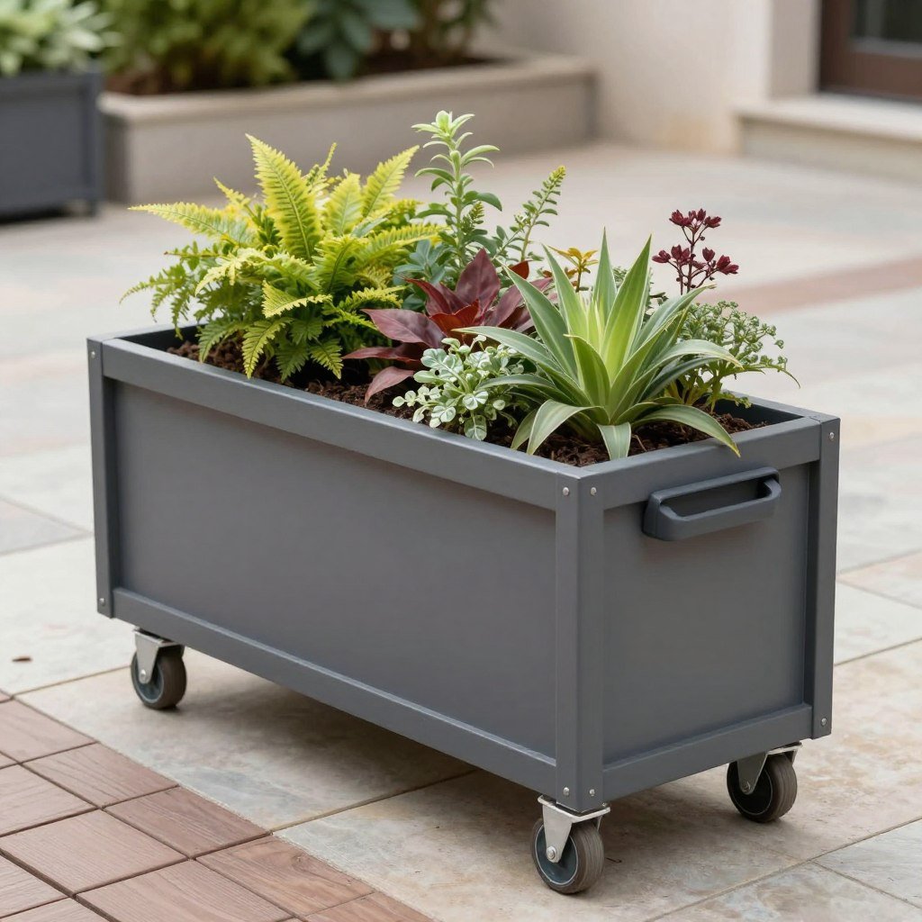 Planter box on wheels for mobility around a patio Planter box on wheels for mobility around a patio