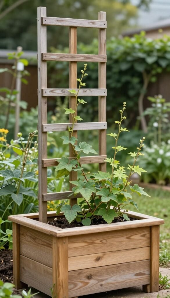 Planter box with attached wooden trellis for climbing plants