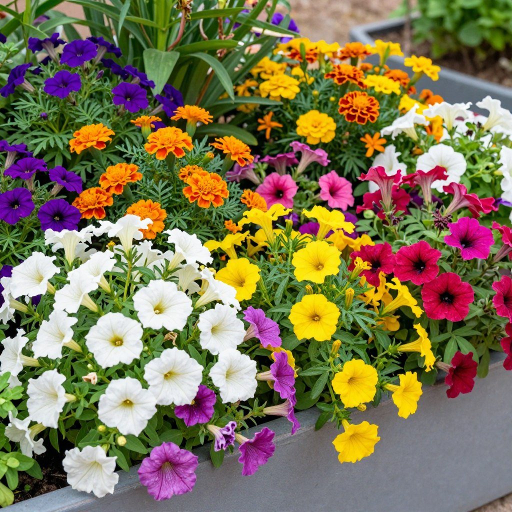 Planter box with colorful annual flowers in full bloom Planter box with colorful annual flowers in full bloom