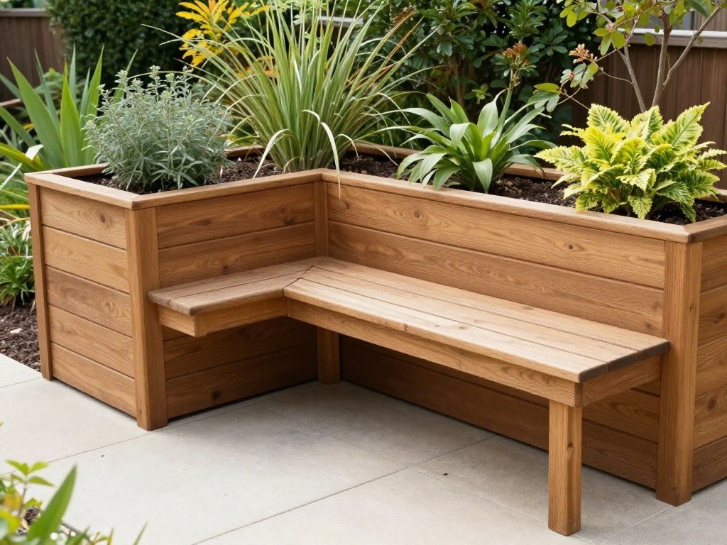 Planter box with integrated bench seating in a garden setting Planter box with integrated bench seating in a garden setting