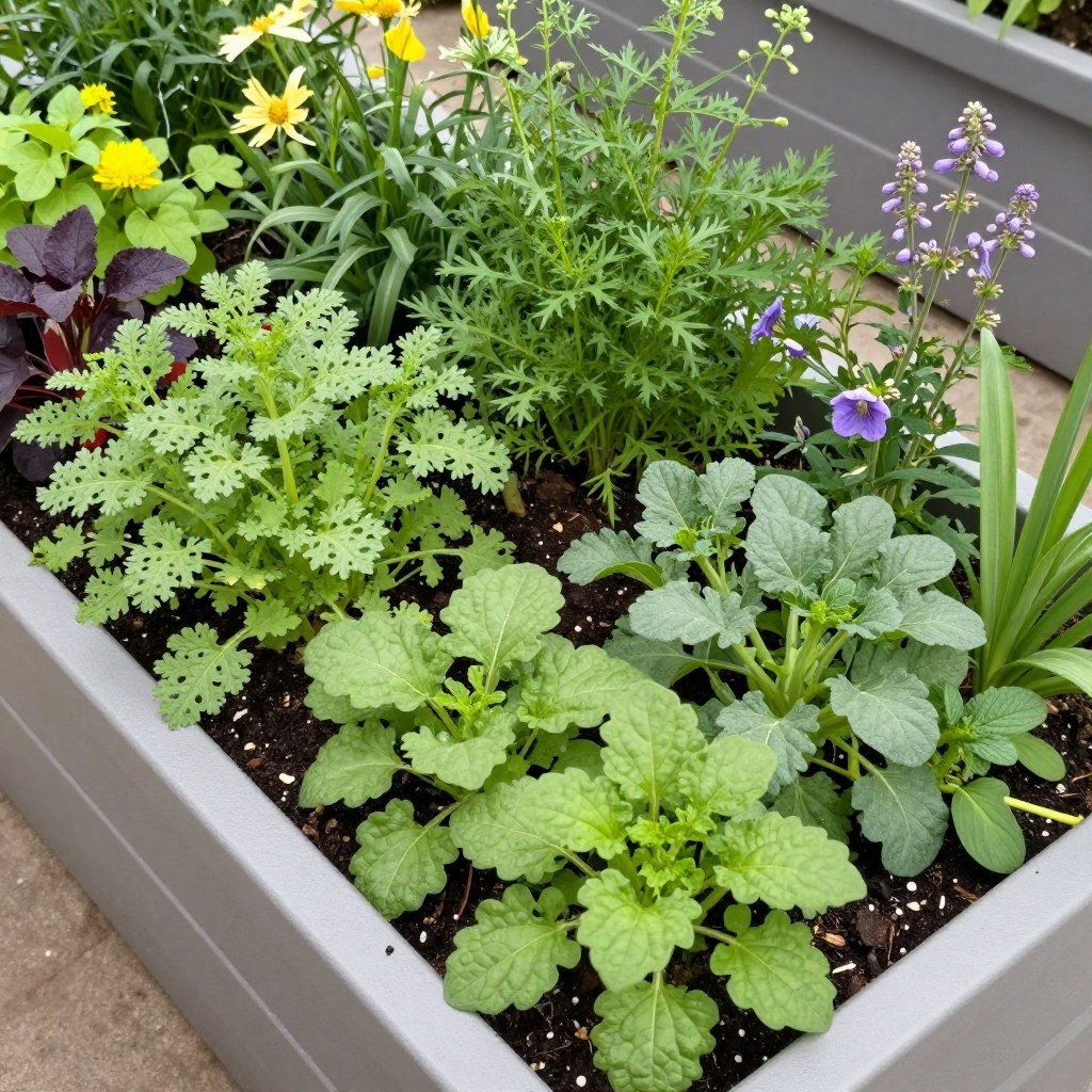 Planter box with mixed edibles and ornamentals growing together Planter box with mixed edibles and ornamentals growing together