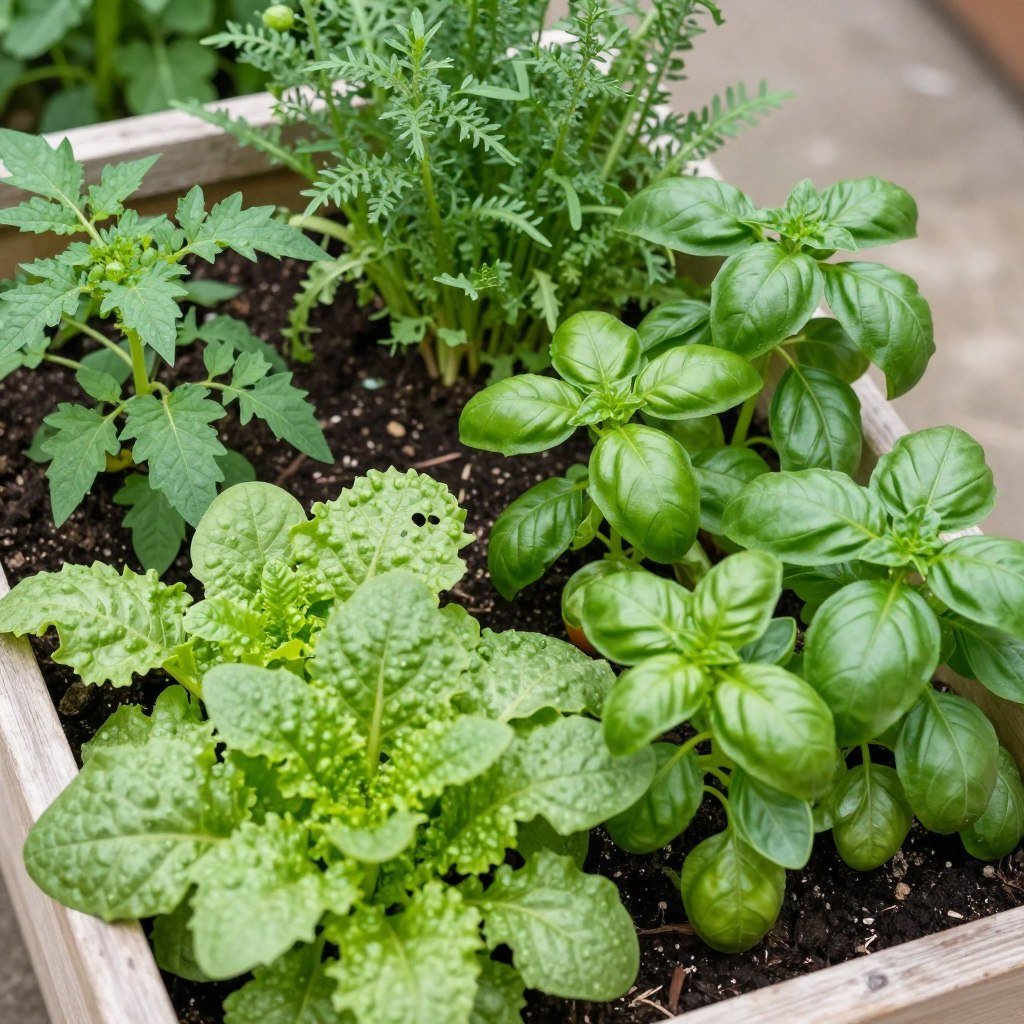 Planter box with various vegetables and herbs growing together Planter box with various vegetables and herbs growing together