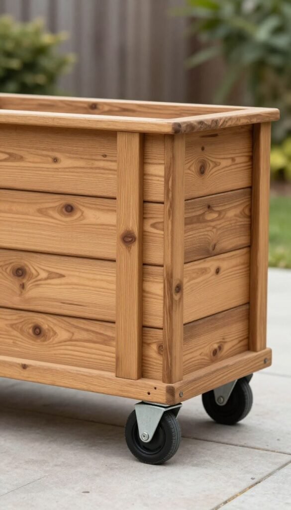 Planter box with wheels for mobility around patio or garden