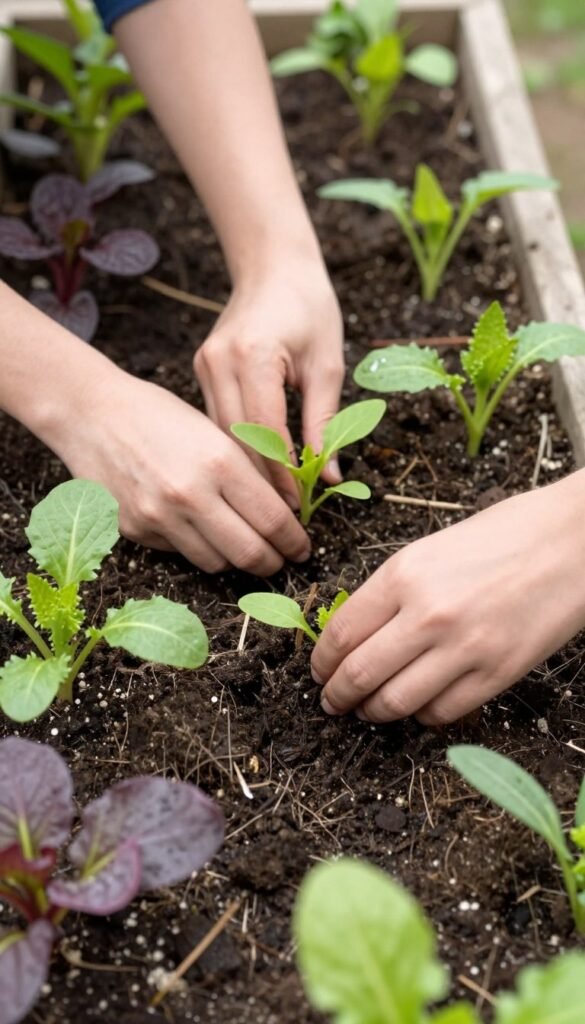 Planting flowers or vegetables in the filled planter box