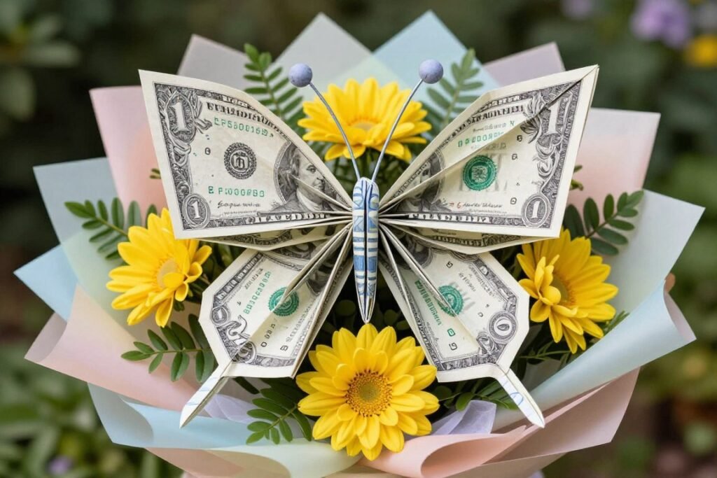 Playful money bouquet with butterfly designs from dollar bills