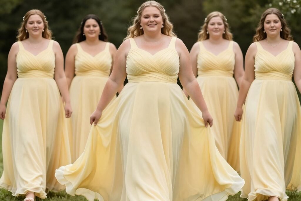 Plus size bridesmaid in butter yellow A-line dress showing flattering fit