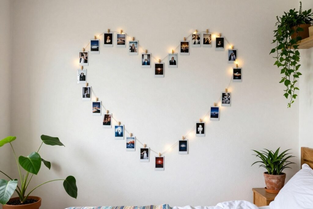 Polaroid photo wall display with fairy lights and decorative clips Polaroid photo wall display with fairy lights and decorative clips