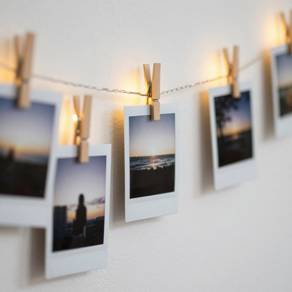 Polaroid pictures clipped to string lights on wall Polaroid pictures clipped to string lights on wall