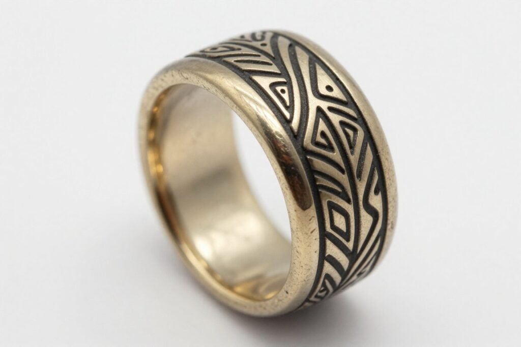 Polynesian inspired wedding ring tattoo with traditional patterns
