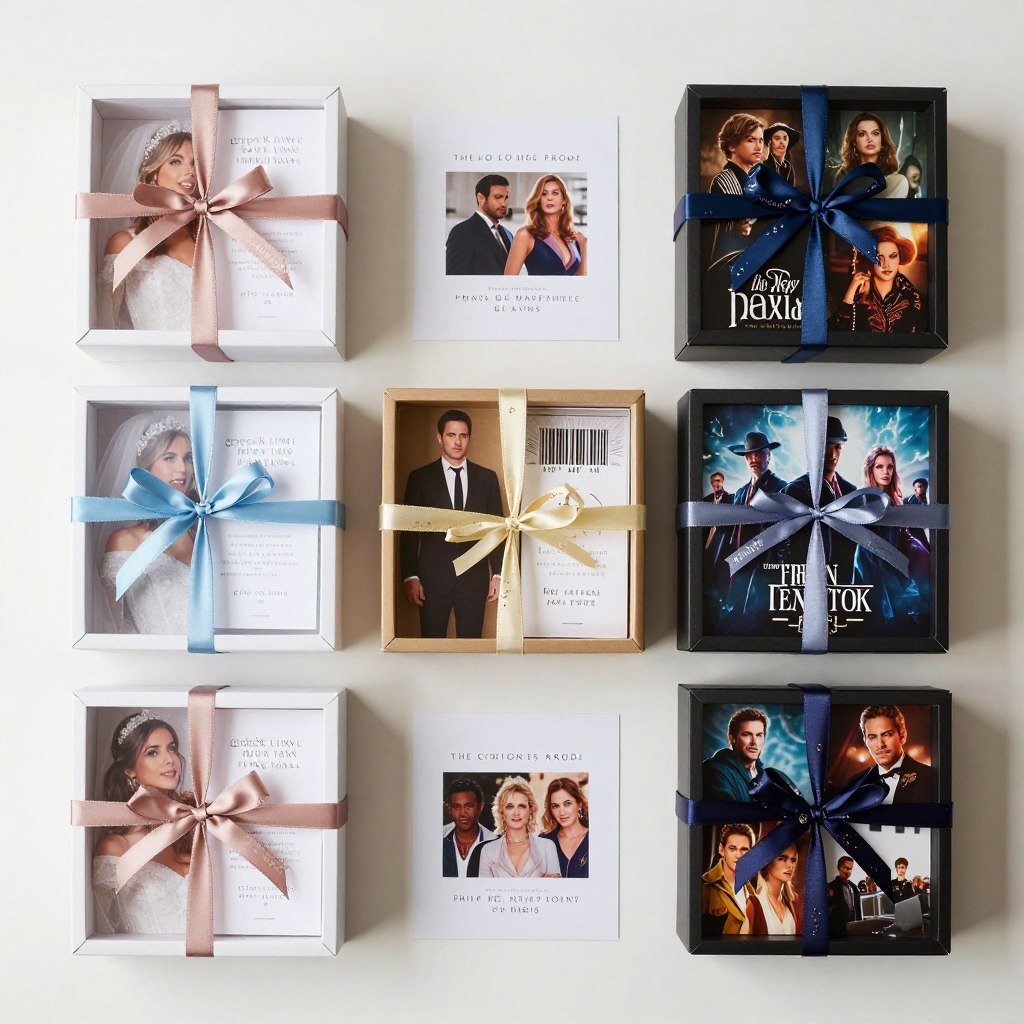 Pop culture themed bridesmaid proposal boxes featuring movie and TV show inspired decorations and gifts