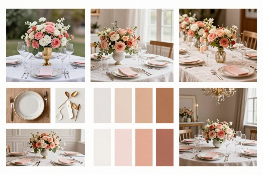 Popular wedding color palettes displayed with decor examples