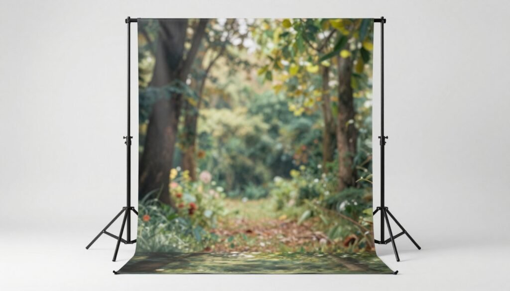 Portable collapsible photography backdrop with nature scene for outdoor-inspired portraits