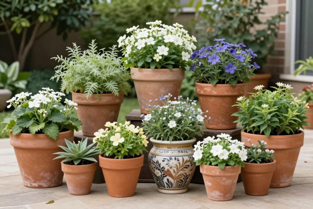 Potted plants as backyard wedding decorations
