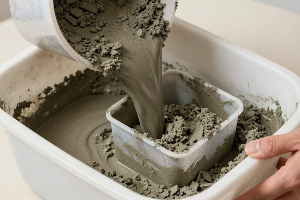 Pouring concrete between two container molds for a DIY planter