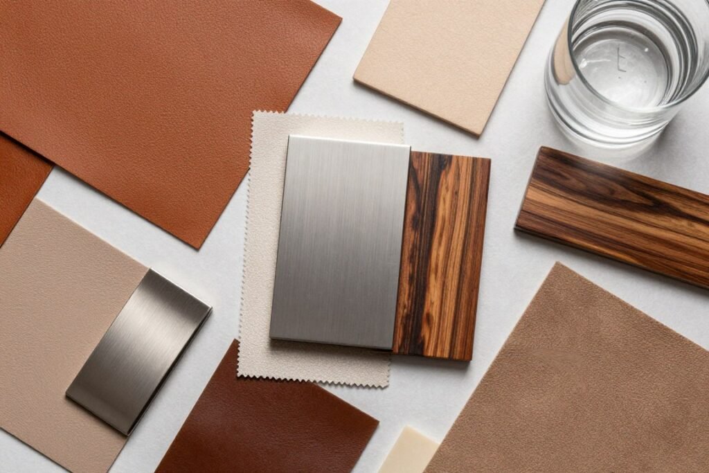 Premium materials for groomsmen gifts including leather and wood