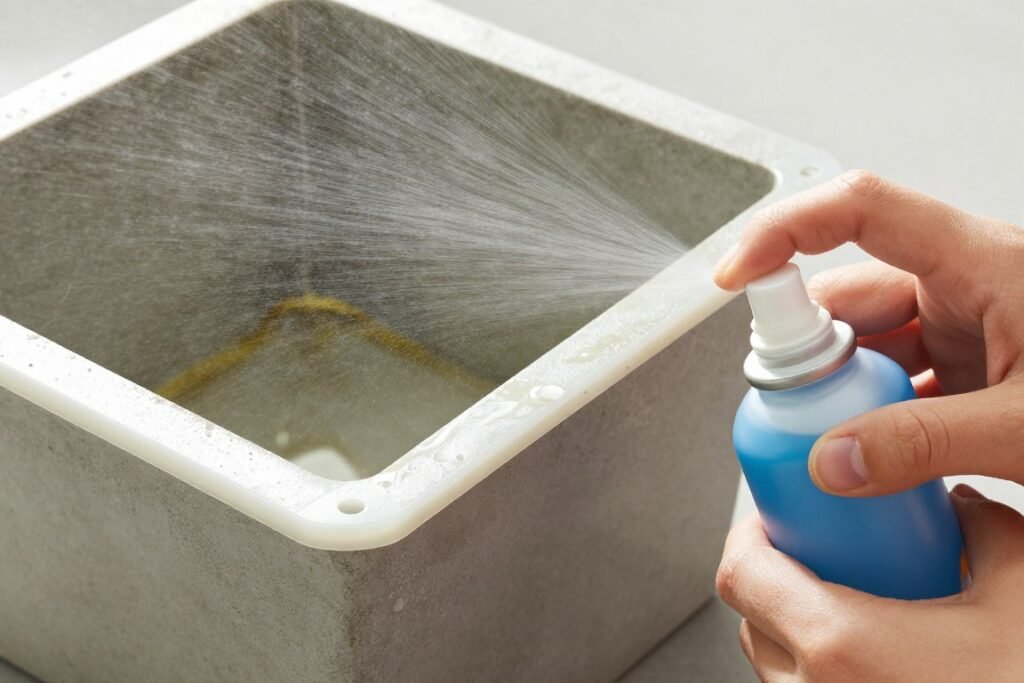 Preparing molds with cooking spray for DIY concrete planters