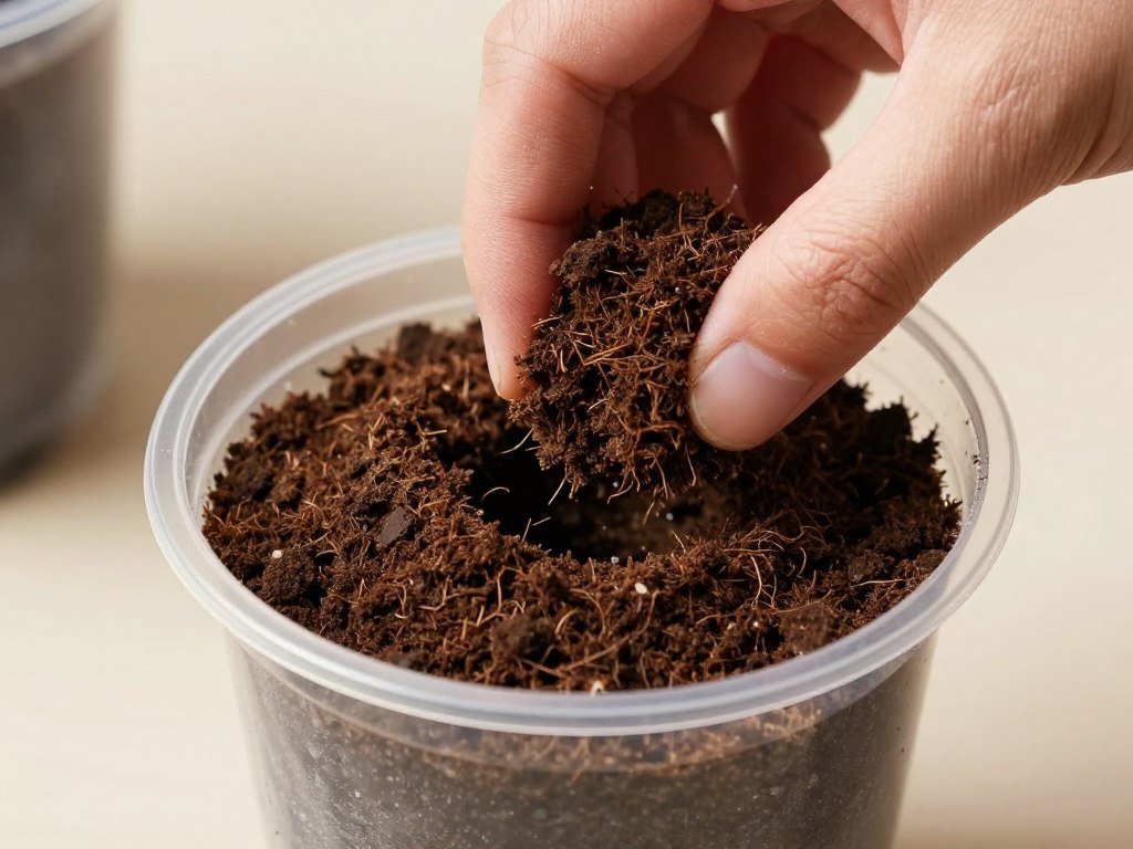 Preparing the wicking system for a DIY self watering planter using a small pot with soil