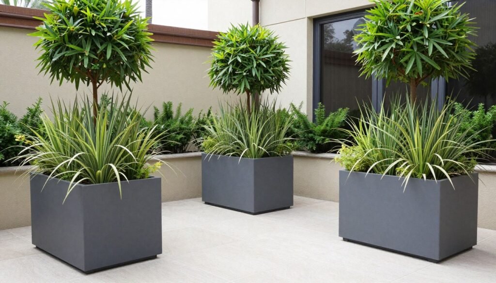 Privacy planters arranged to create an outdoor room effect on a patio