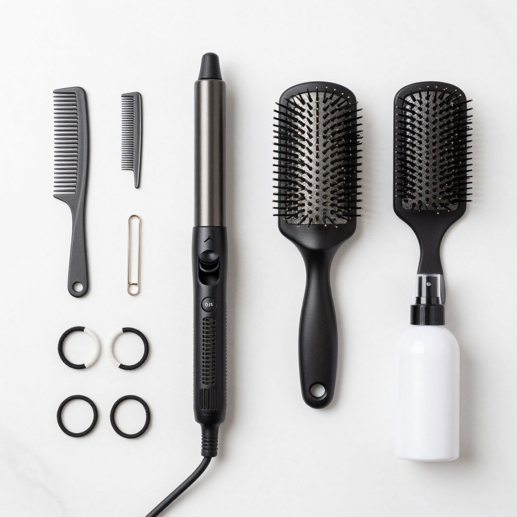 Professional hair styling tools for wedding hairstyles including curling wand and brushes