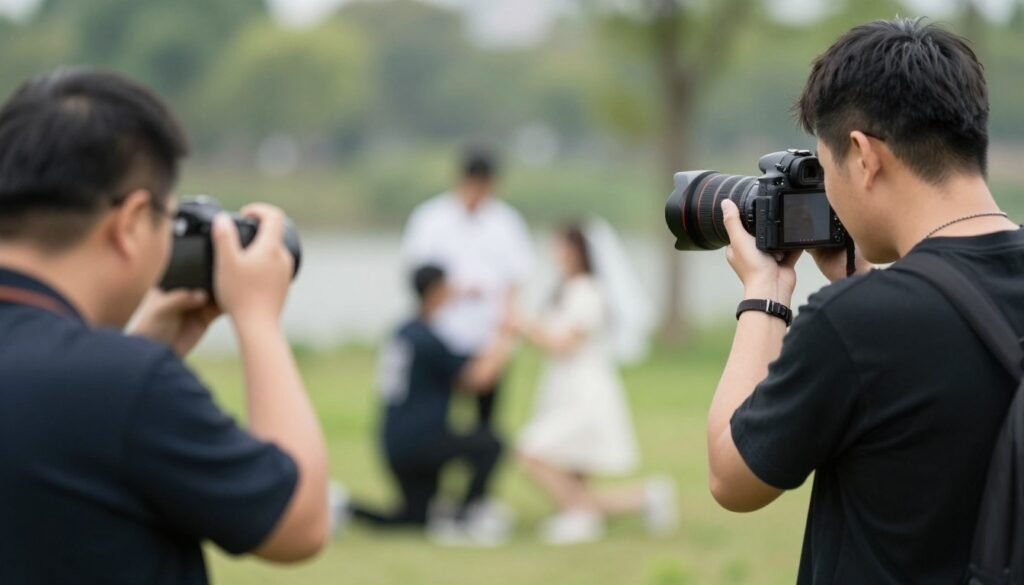 Professional photographer capturing proposal moment from distance